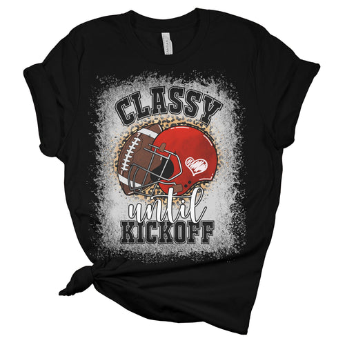Black t-shirt with football helmet and ball graphic and text 'Classy until kickoff' on a white background