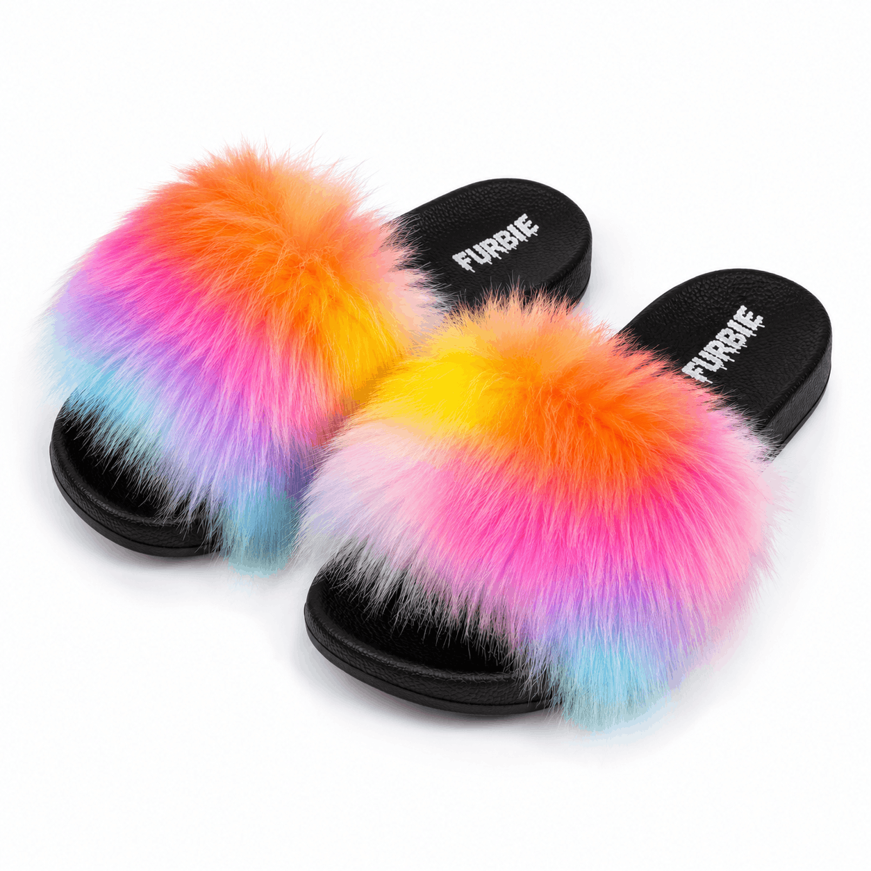 Women's Rainbow Faux Fur Slide Sandals – Soft Fluffy Open Toe Comfort Slippers