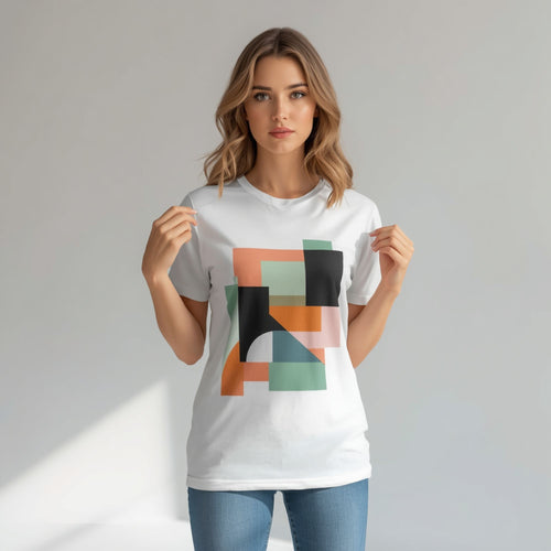 Women's Abstract Print Cotton T-Shirt – White Crew Neck Tee