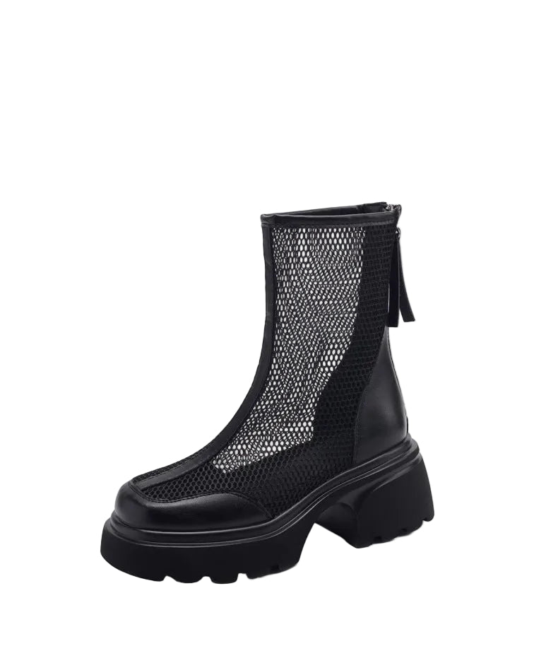 Black mesh ankle boot on a white background with 'Summer whisper' text.