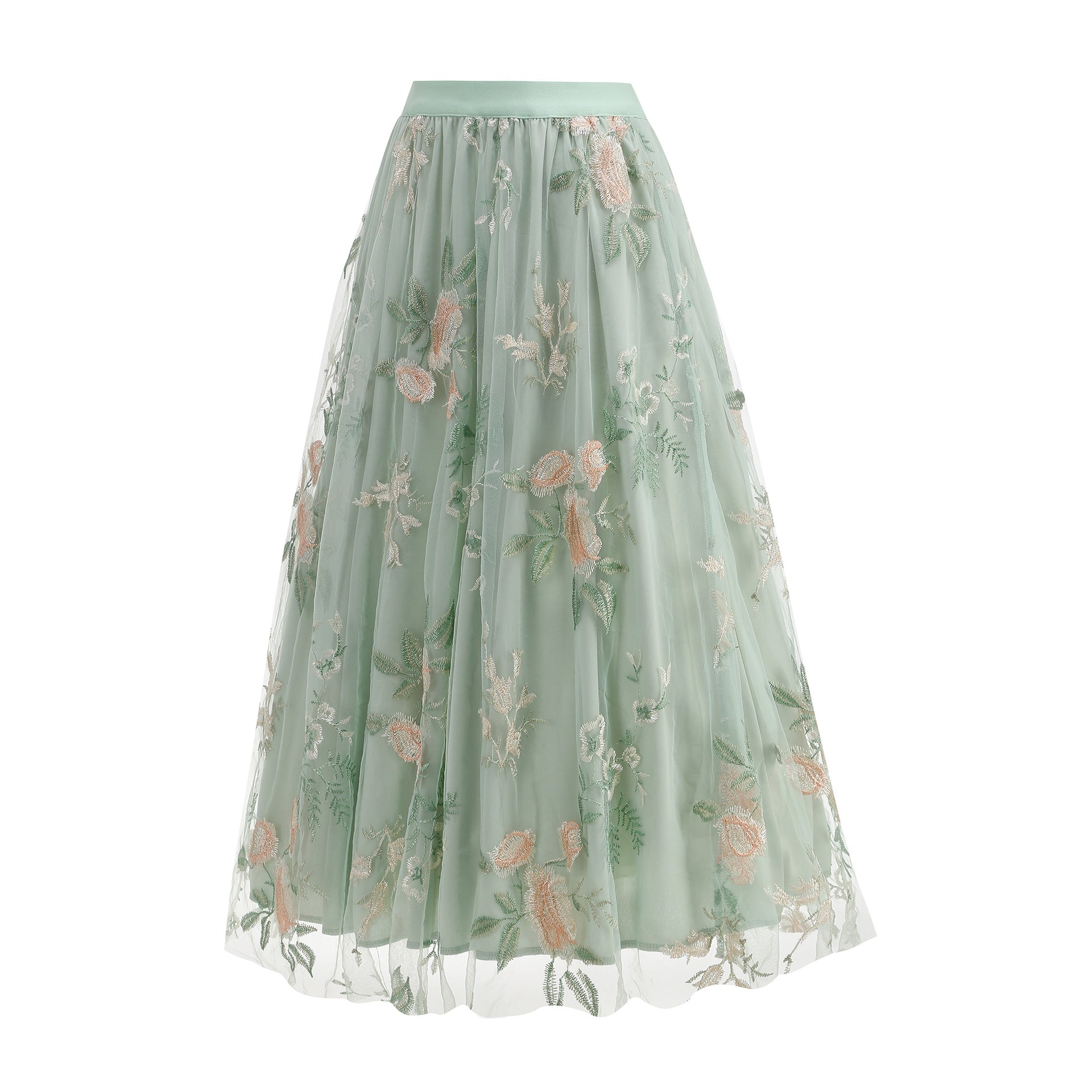 Green floral embroidered skirt on a white background