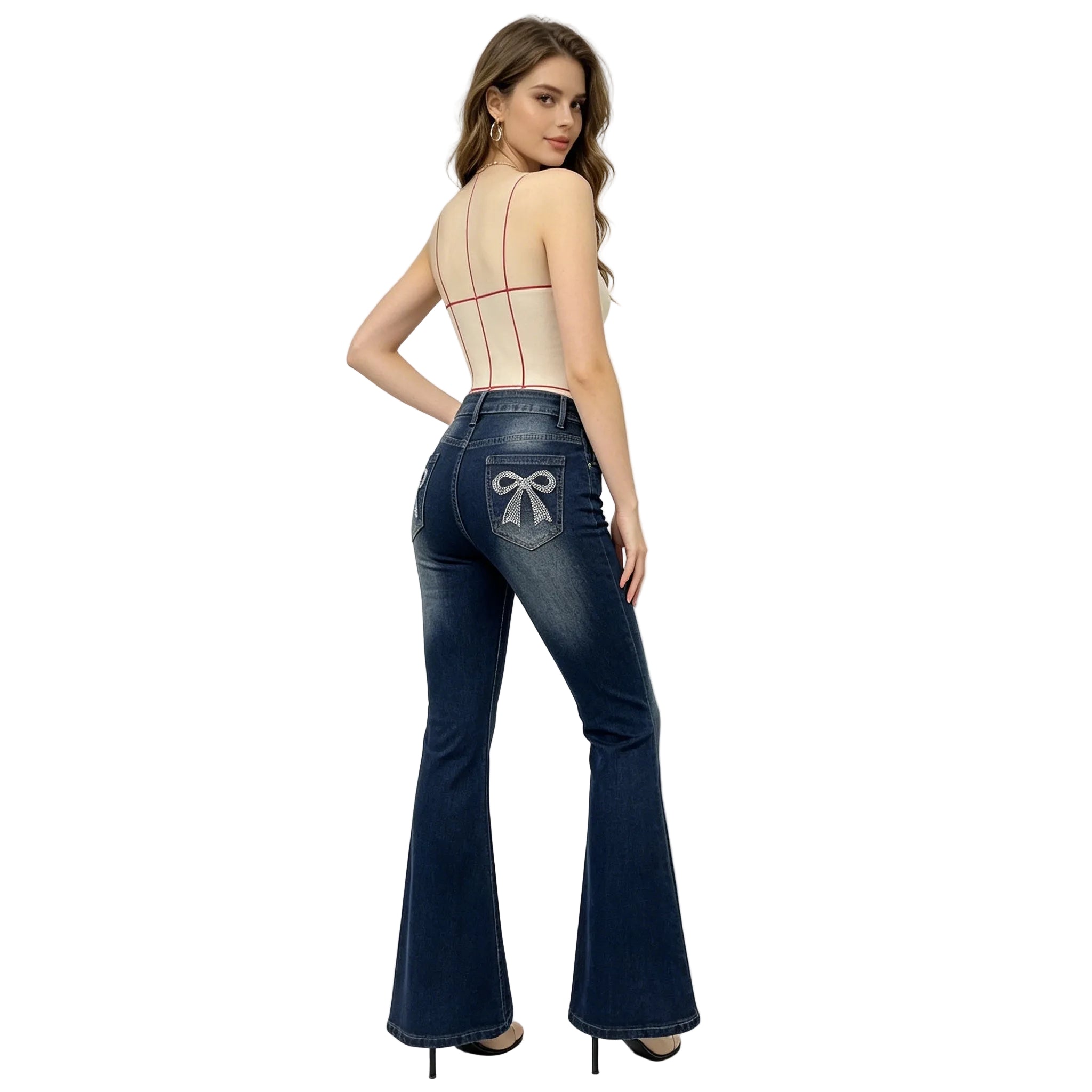 Woman wearing blue jeans with a bow detail on a white background