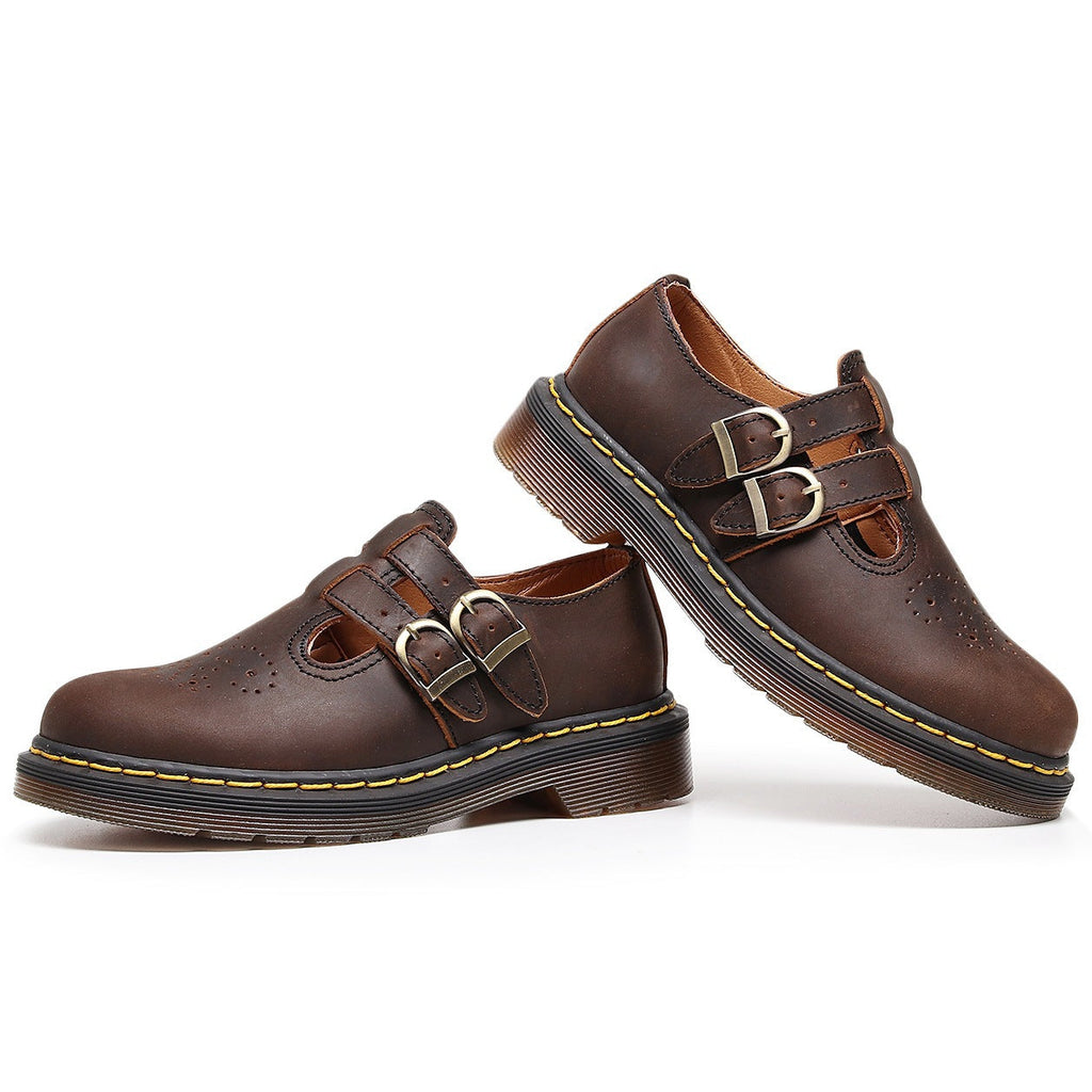 Women’s Genuine Leather Mary Jane Shoes – Low Heel Casual Buckle Flats