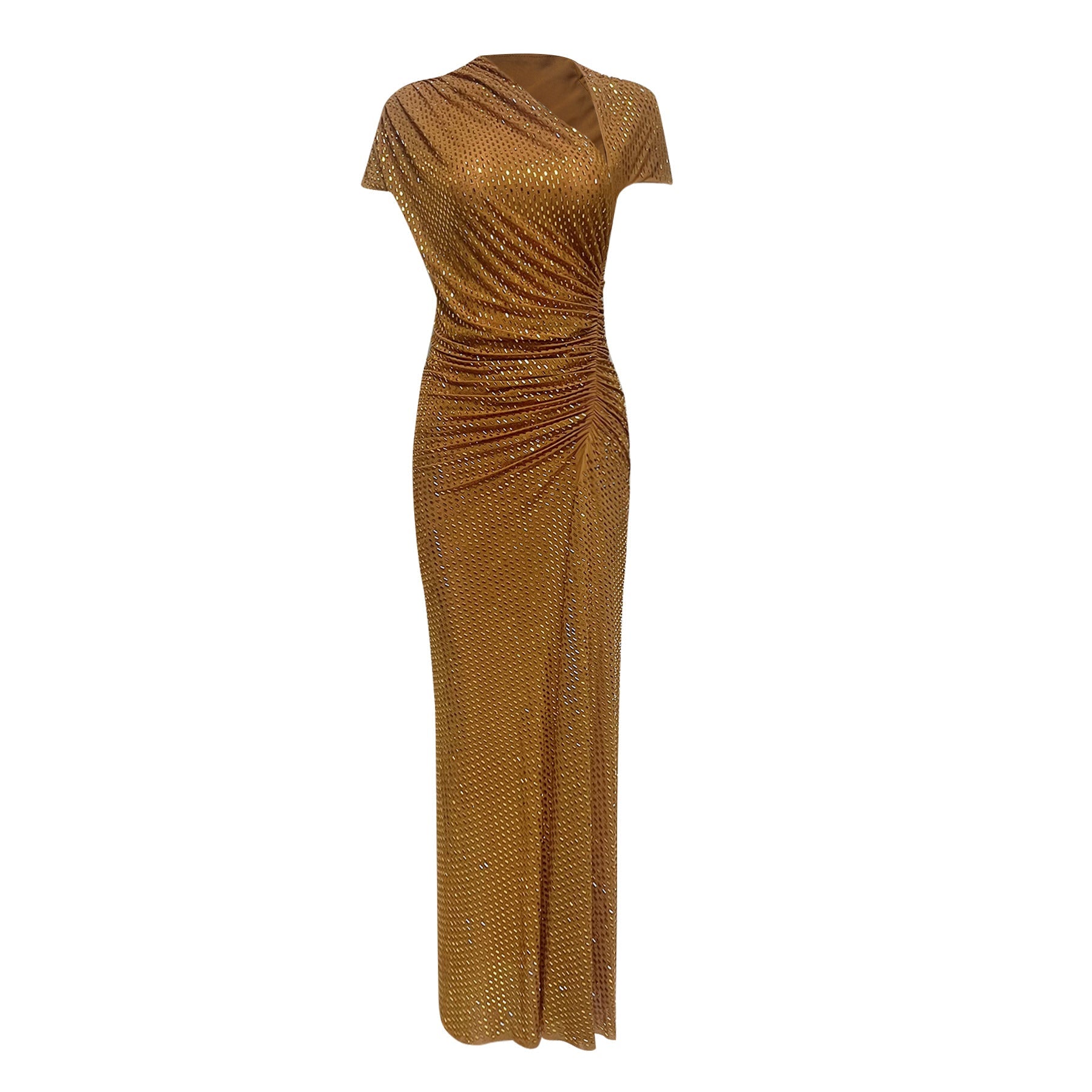 Gold evening gown with beaded details on a white background