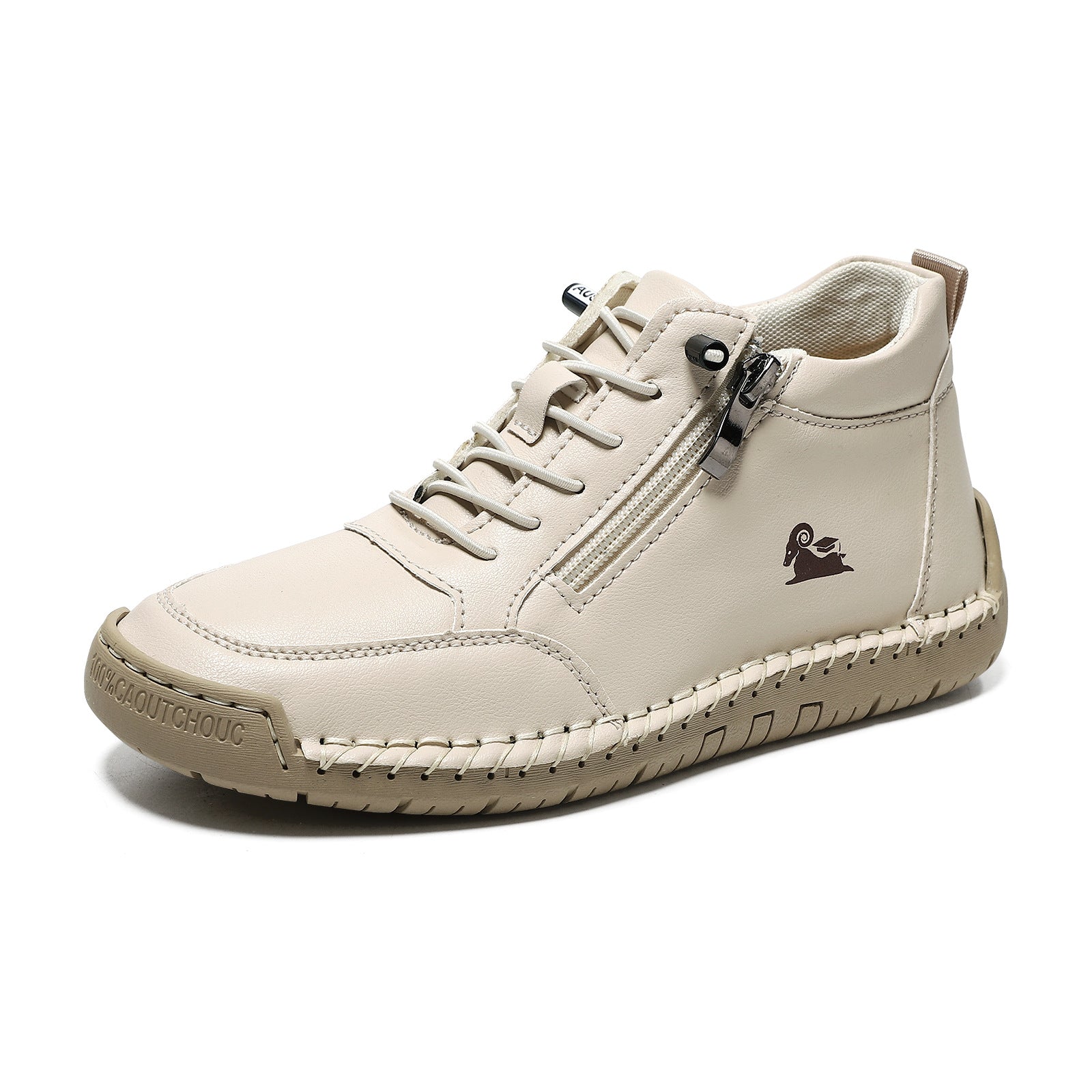 Beige sneaker with a brand logo on a white background