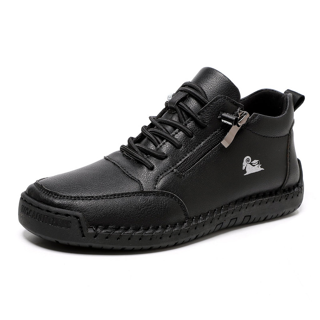 Black leather shoe with a brand logo on a white background