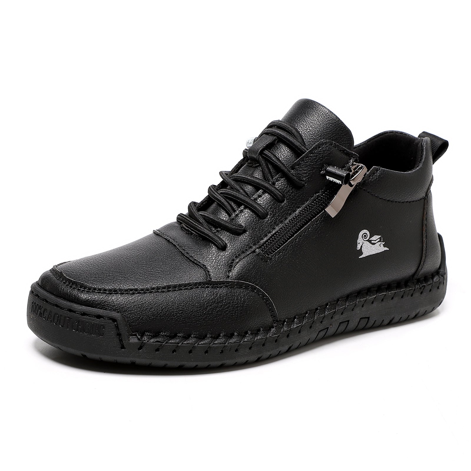 Black leather shoe with a brand logo on a white background