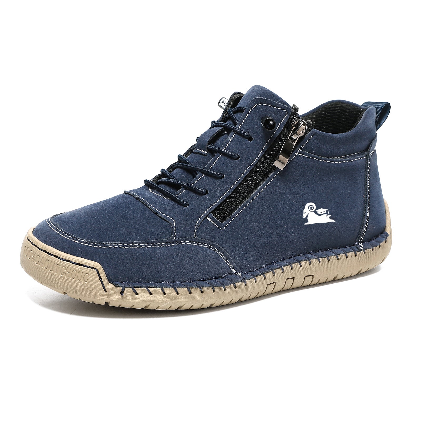 Blue sneaker with a visible brand logo on a white background