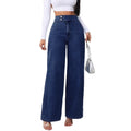 Person wearing blue wide-leg jeans on a white background