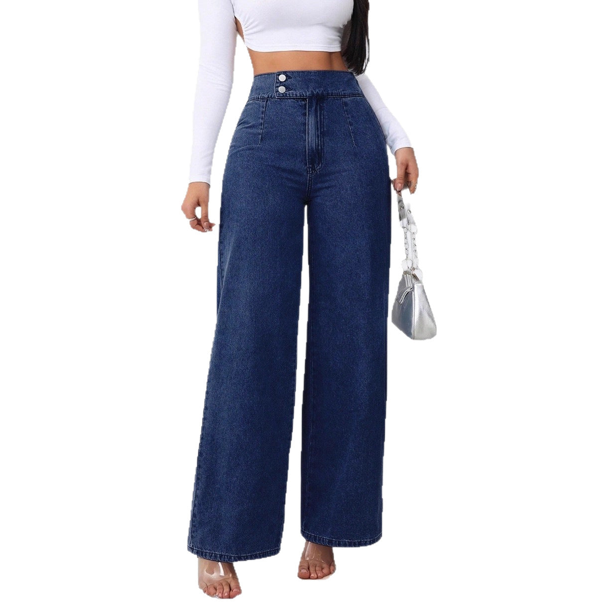 Person wearing blue wide-leg jeans on a white background