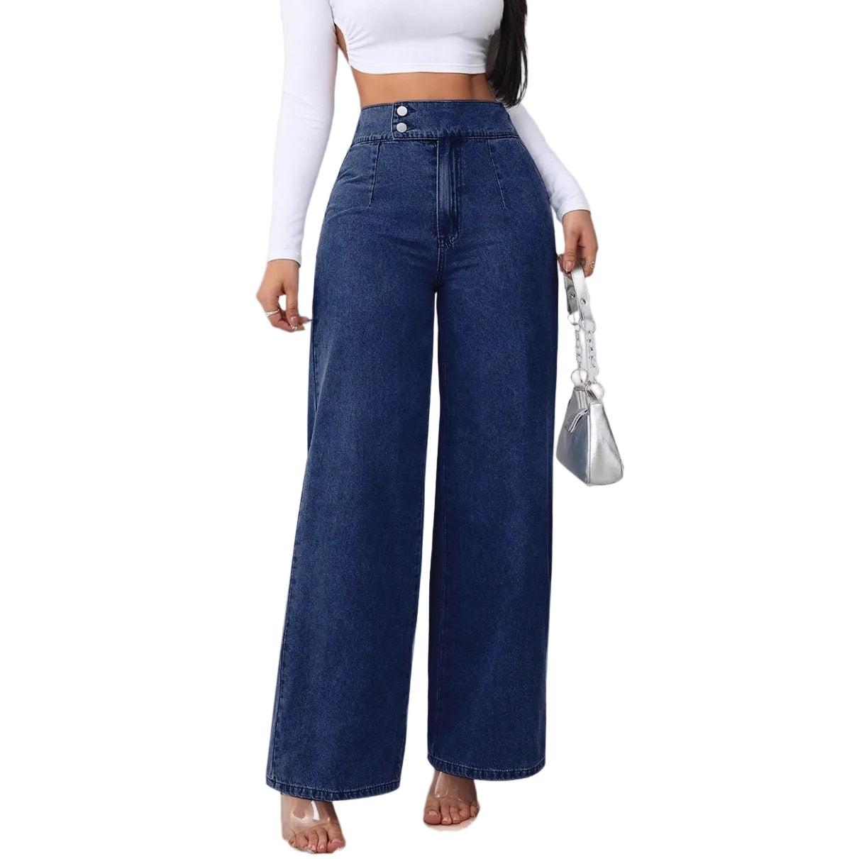 Person wearing high-waisted blue jeans on a white background