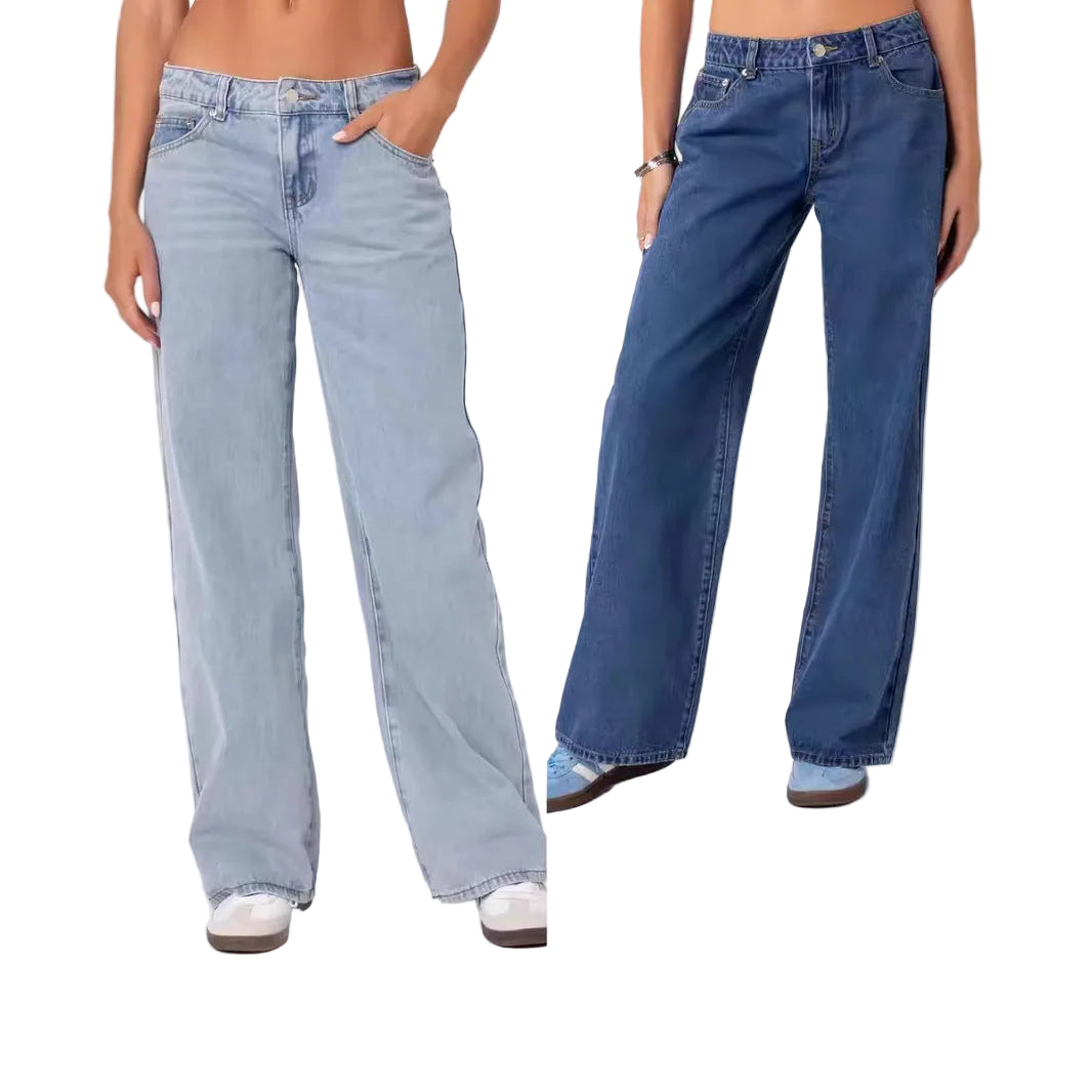 Two pairs of wide-leg jeans shown side by side on a white background
