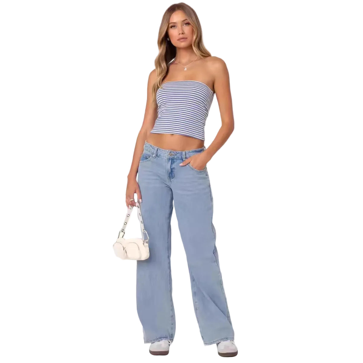Woman wearing a striped top and blue jeans on a white background