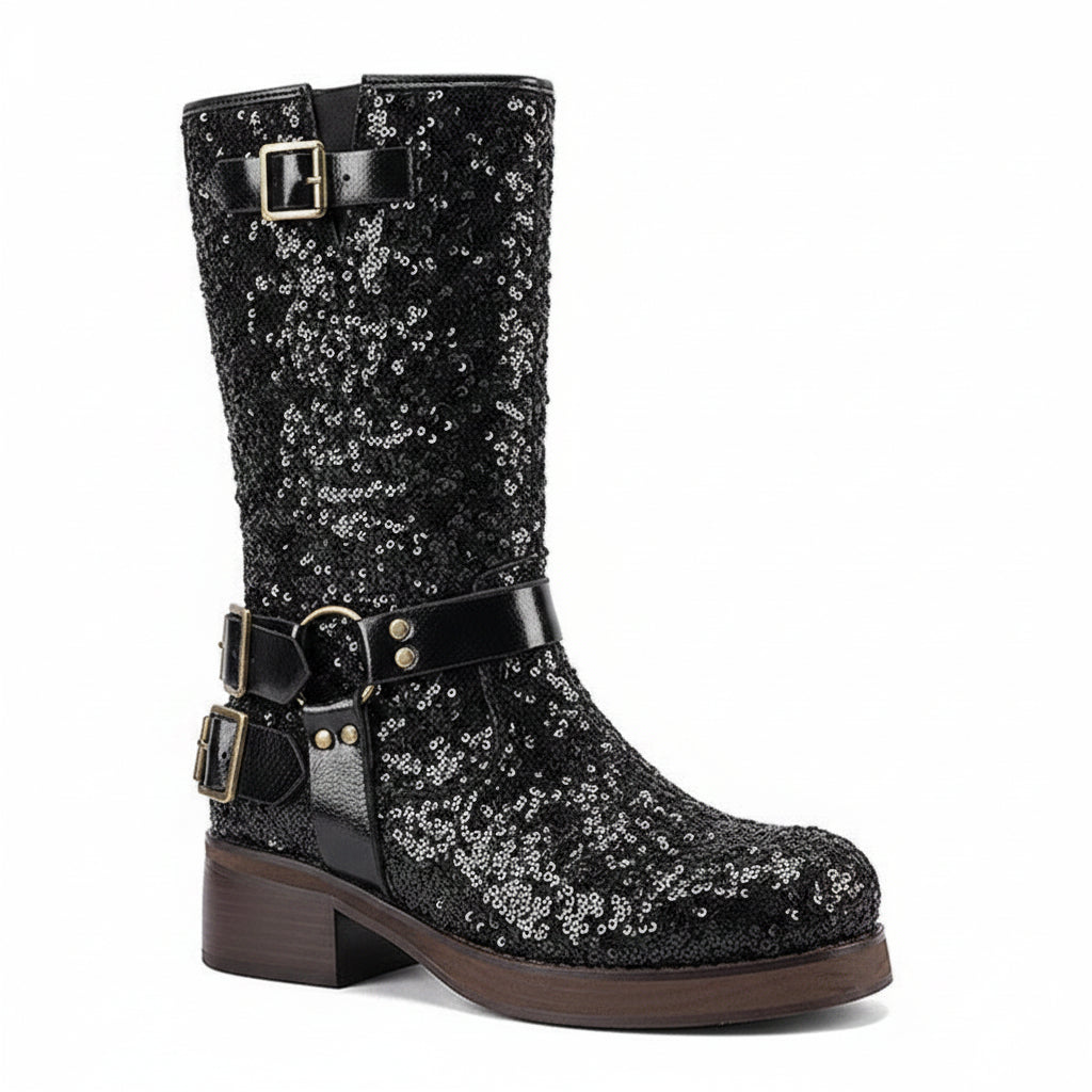 Black glittery boot with buckles on a white background