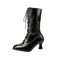 Black leather boot with high laces on a white background