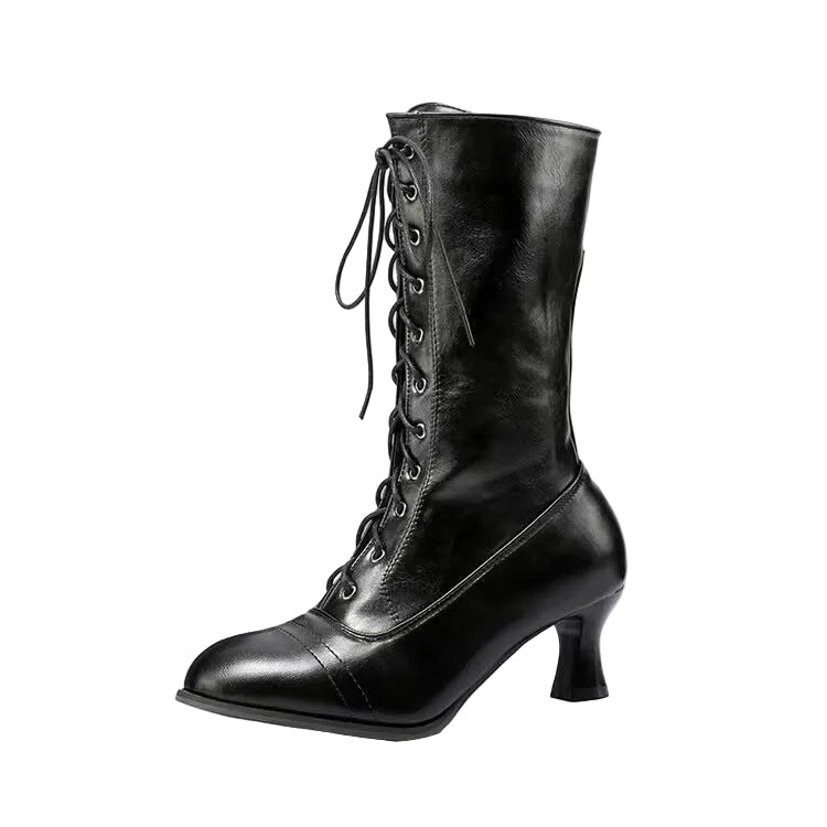 Black leather boot with high laces on a white background