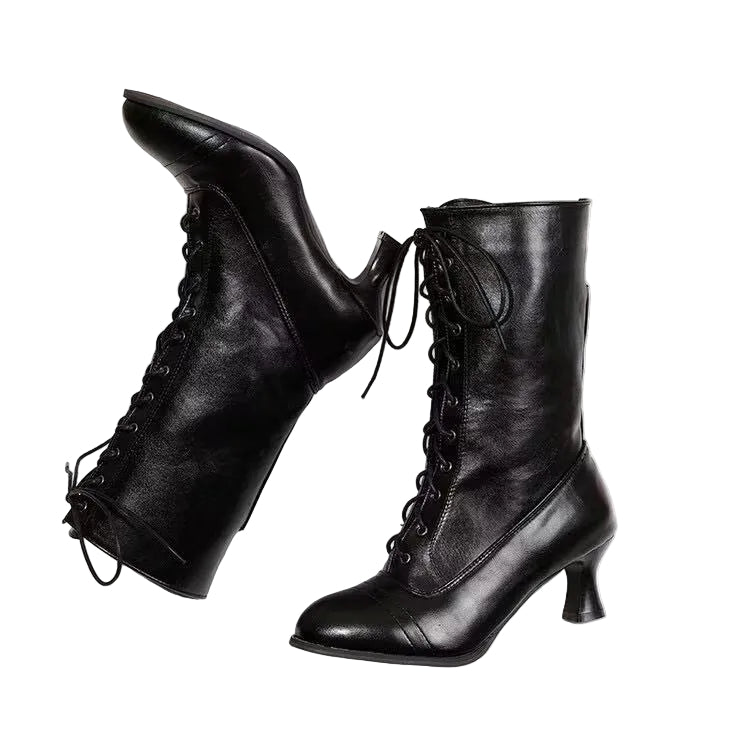 Pair of black leather high boots with lace-up design on a white background