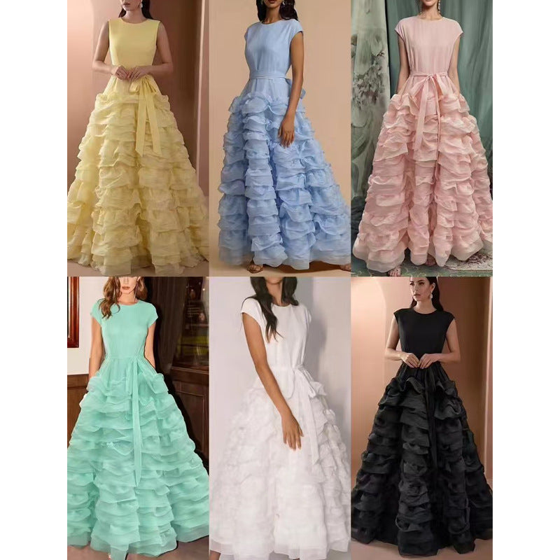 Collage of six different ruffled evening gowns in various colors.