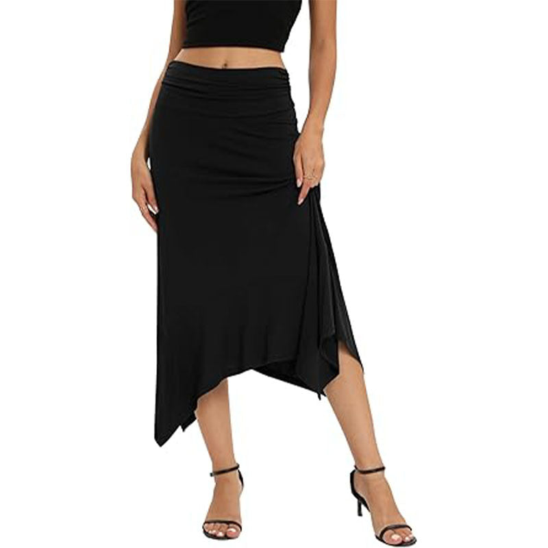 Black skirt worn by a person on a white background