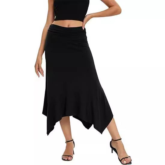 Black skirt worn by a model on a white background