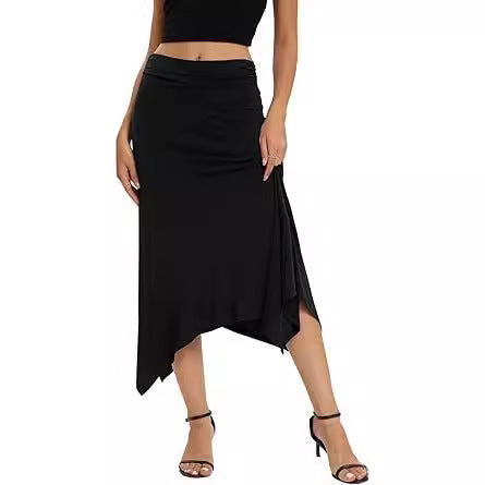 Black skirt worn by a model on a white background