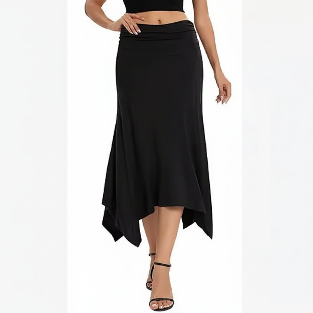 Black skirt worn by a person on a white background