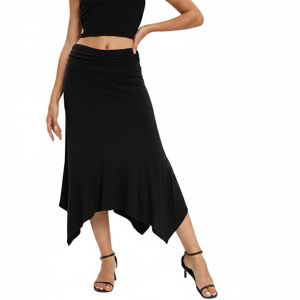 Black skirt worn by a person on a white background