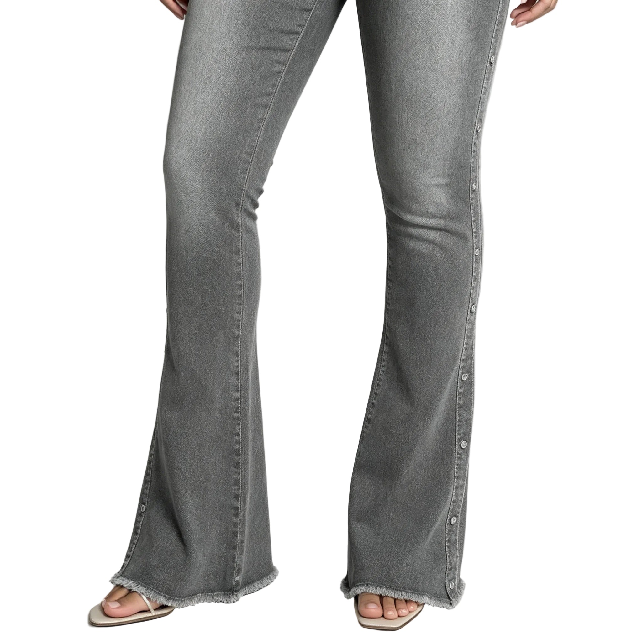 Gray flared jeans on a plain background