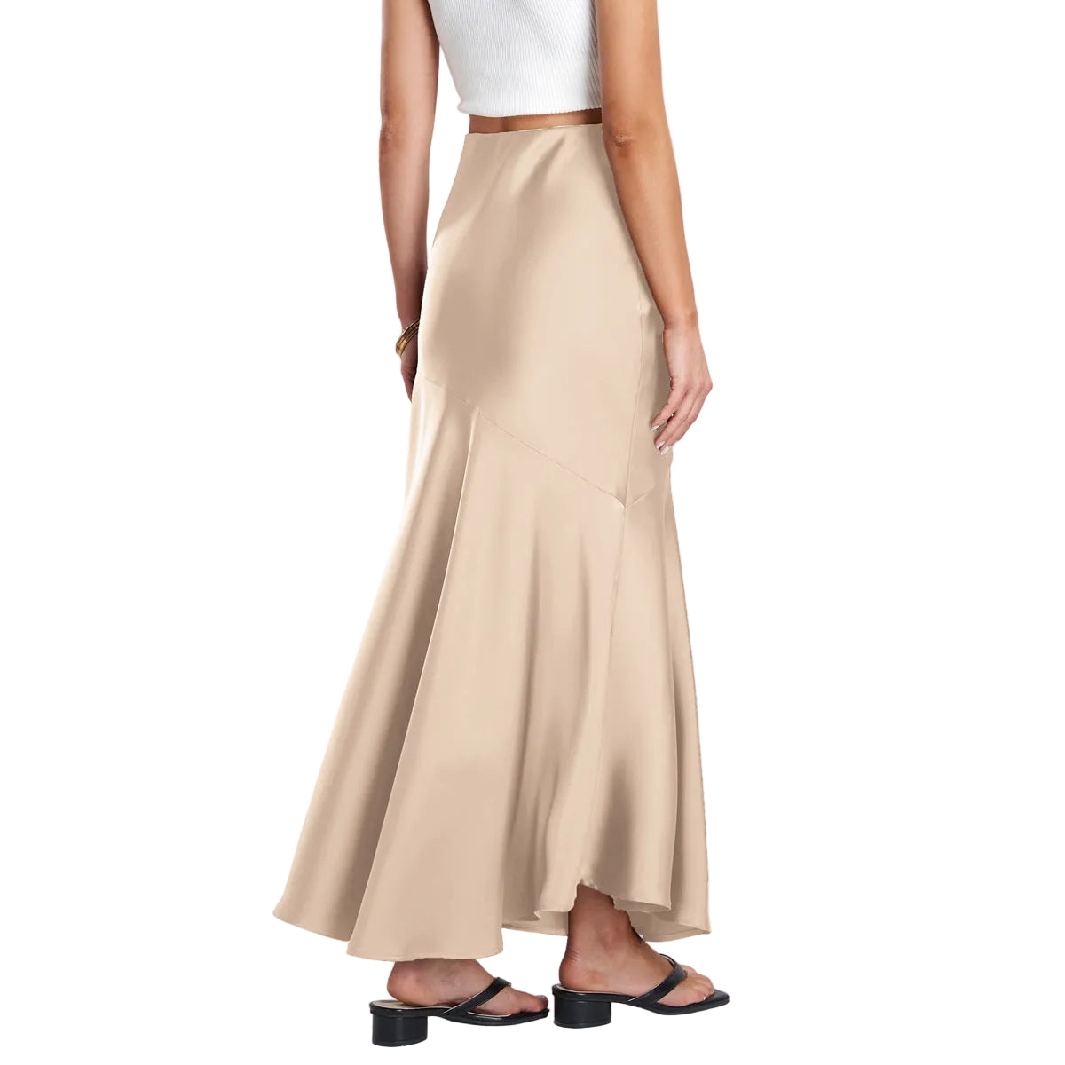 Beige satin skirt worn by a person on a light gray background