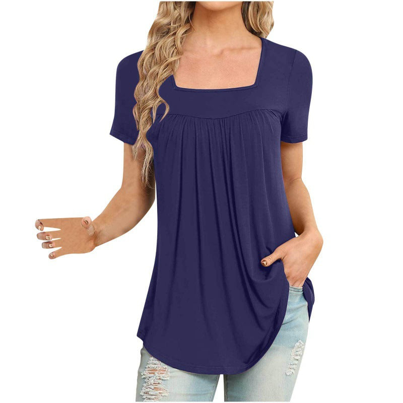 Woman wearing a purple t-shirt on a white background