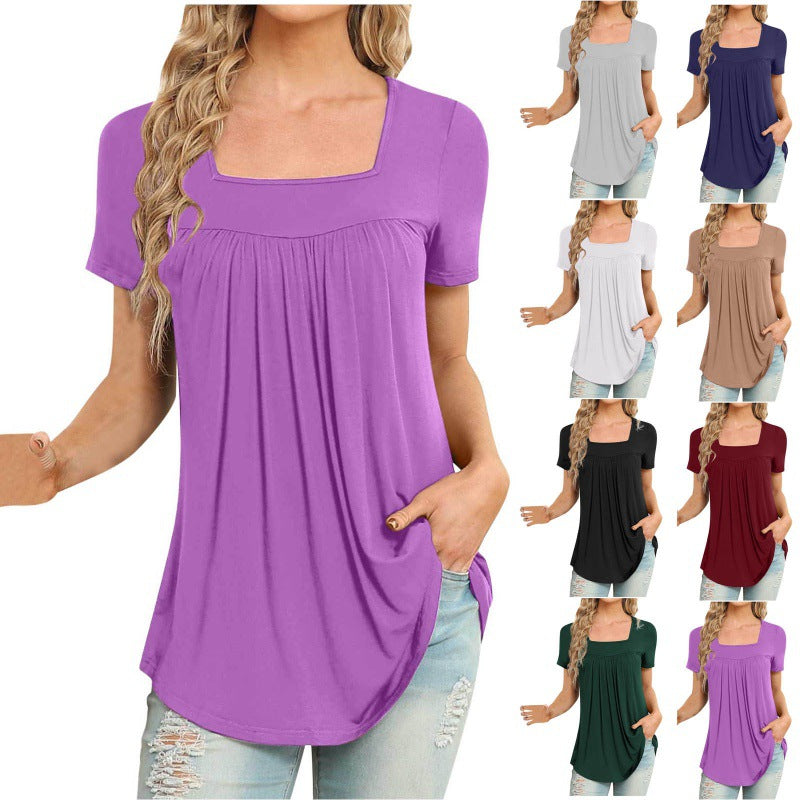 Purple t-shirt worn by a model with color swatches of other shirts.