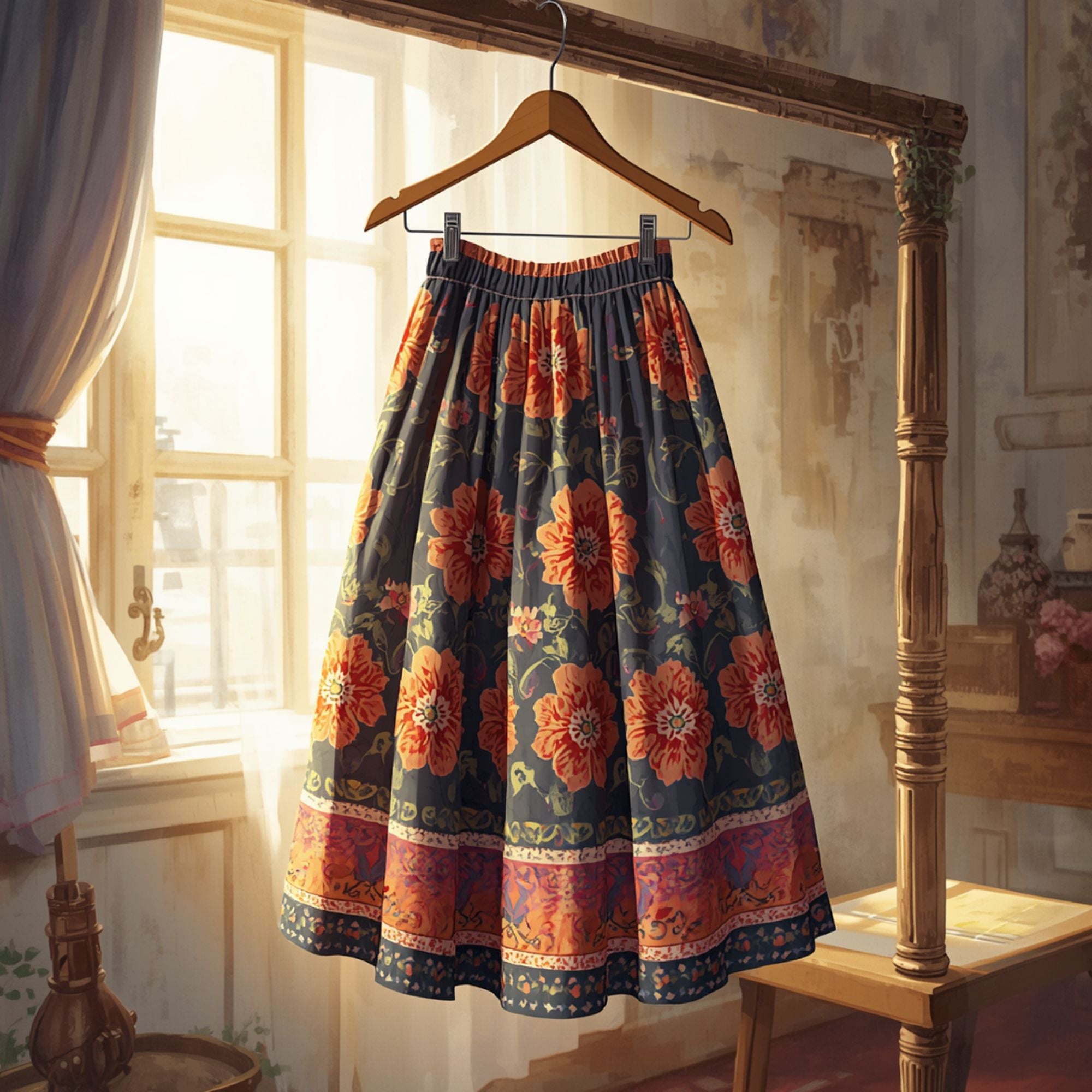 Women's Vintage Floral Print Midi Skirt