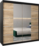 ABIKSMEBLE Verona 4 200 Bedroom Wardrobe with Three Sliding Doors – Modern Storage Cabinet with Mirror, Coat Rack and Shelves – 200 x 200 x 62 cm – Matte Black + Sonoma